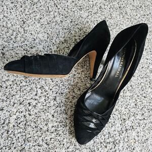 Loeffler Randall Ruffle Pointed Toe D'Orsay Black Suede Heels Size 9.5